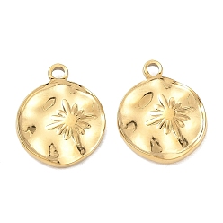 Chapado en Oro Real 18K Colgantes martillados 304 de acero inoxidable, redondo plano con encantos de estrellas, real 18 k chapado en oro, 18.5x15x2 mm, agujero: 2.5 mm