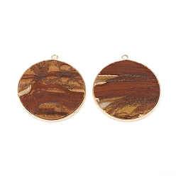 Picture Jasper Natural Picture Jasper Pendants, with Brass Findings, Flat Round, Golden, 32~34x28.5~31x2mm, Hole: 1.6mm