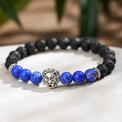 Синий Браслеты из эластичной ткани с круглыми бусинами из натуральной лавовой породы и камня шоушань., Ювелирные изделия из сплава в виде льва для мужчин, окрашенные, синие, 7.09 дюйм (18 см)