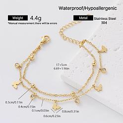 Mariposa 304 Pulsera de acero inoxidable con borla de circonitas cúbicas transparentes 2 Pulseras de hilo para mujer, dorado, mariposa, 6.69 pulgada (17 cm)