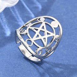 Нержавеющая Сталь Цвет Не тускнеет 304 регулируемые кольца из нержавеющей стали, широкое кольцо полоса, полое кольцо с фазами луны в виде пентаграммы, цвет нержавеющей стали, размер США 7 3/4 (17.9 мм), 4.5~25 мм