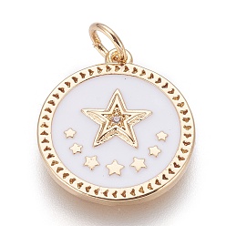 Золотой Латунные подвески эмали пентакль, с кубического циркония, плоские круглые со звездой, белые, золотые, 18x16x2 мм, отверстие : 3.5 мм