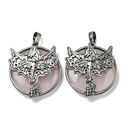 Розовый Кварц Плоские круглые подвески из натурального розового кварца, стойка с латунными подвесками в виде дракона, античное серебро, без кадмия и без свинца, 38x32x7 мм, отверстие : 8x5 мм