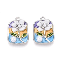 Платина Стойки обшивки сплава эмали подвески, прямоугольник и цветок, с ABS имитации жемчуга, платина, 26x18x6 мм, отверстие : 1.8 мм