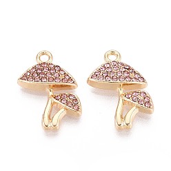 Розовый Подвески из сплава со стразами, гриб, без кадмия, без никеля и без свинца, золотые, светло-розовый, 19x13x3 мм, отверстие : 1.6 мм
