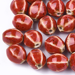 Red Handmade Porcelain Beads, Fancy Antique Glazed Porcelain, Oval, Red, 15.5~16x14.5~15x13~13.5mm, Hole: 2mm