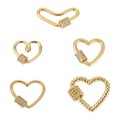 Настоящее золото 18K 5 шт. 5 стиль латунные микро паве прозрачные кубические цирконии винтовые карабины замок подвески, для изготовления ожерелий, быстрые ссылки, долговечный, сердце, реальный 18 k позолоченный, 17~23x15~23.8x2~5 мм, 1 шт / стиль