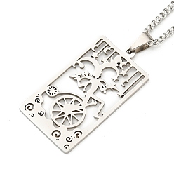 Stainless Steel Color Non-Tarnish 304 Stainless Steel Pendant Necklaces, with Curb Chain, Rectangle with Tarot, Stainless Steel Color, 23.35~23.50 inch(59.3~59.7cm)