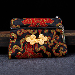 Black Rectangle Chinese Style Silk Zipper Pouches, Change Purses, with Chinese Buckle, for Bracelet, Necklace, Black, 13x9cm