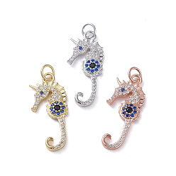 Mixed Color Brass Micro Pave Cubic Zirconia Pendants, Long-Lasting Plated, Sea Horse, Colorful, Real 18K Gold Plated, Mixed Color, 26x11x2mm, Hole: 3.1mm