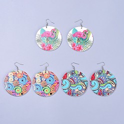 Mixed Color Printed Wooden Dangle Earring, with 304 Stainless Steel Earring Hooks, Flat Round, Mixed Color, 79mm, Pin: 0.7mm