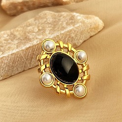 Природный Драгоценный Камень 304 регулируемые манжеты из нержавеющей стали с натуральными драгоценными камнями и пластиковой имитацией жемчуга для женщин, ромб, золотые, 37.5x31.5 мм, регулируемый