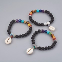 Mixed Stone Cowrie Shell Charm Stretch Bracelets, with Natural & Synthetic Mixed Stone Beads and Tibetan Style Alloy Spacers Beads, 2-1/8 inch(5.5cm)