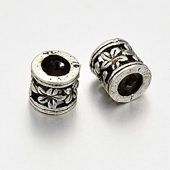 Antique Silver Tibetan Style Alloy Hollow Column with Flower Large Hole European Beads, Large Hole Beads, Lead Free & Cadmium Free & Nickel Free, Antique Silver, 6x6mm, Hole: 4mm