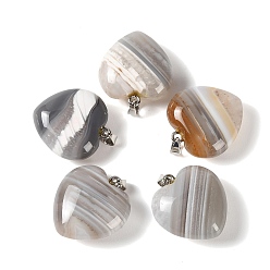 Banded Agate Natural Banded Agate Pendants, Heart Charms, with 304 Stainless Steel Snap on Bails, Stainless Steel Color, 32~33x30x14~15mm, Hole: 7.5x4mm