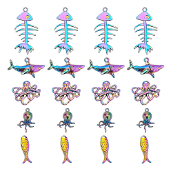Rainbow Color 20Pcs 5 Style Rainbow Color Alloy Pendants, Fishbone & Fish & Shark & Octopus, 4pcs/style