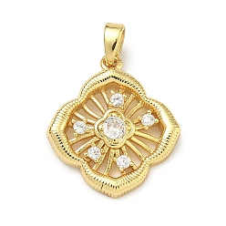 Клевер Латунные микропаве прозрачные подвески с фианитом, золотые, клевер амулеты, 20x18x3.5 мм, отверстие : 4.5x2.5 мм