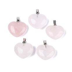 Розовый Кварц Природного розового кварца подвески, сердце прелести, с защелкой из нержавеющей стали на поручнях, цвет нержавеющей стали, 21~24x22~24x8.5~11.5 мм, отверстие : 6.5~7.5x2~3 мм