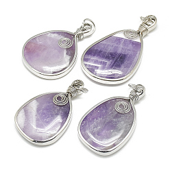 Medium Purple Natural Amethyst Big Pendants, with Alloy and Iron Findings, Dyed, Oval, Platinum, Medium Purple, 52~57x30~34x7~10mm, Hole: 6x4mm