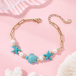 Бирюза Браслеты из синтетической бирюзы и жемчуга., 304 женские браслеты-цепочки со скрепками из нержавеющей стали, морская звезда и черепаха, реальный 18 k позолоченный, ионное покрытие (ip), долговечный, бирюзовые, 7.56 дюйм (19.2 см)