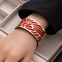 Красный Солнце 304 браслеты-манжеты из нержавеющей стали и искусственной кожи, широкие браслеты для женщин, золотые, красные, внутренний диаметр: 2-3/8 дюйм (6 см)