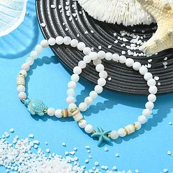 (404) Непрозрачное AB Кислое яблоко Набор эластичных браслетов из натурального выветренного агата и синтетической бирюзы для женщин и мужчин., круглая черепаха и морская звезда, цветочный белый, бусины : 6 мм, внутренний диаметр: 2.17 дюйм (5.5 см), 2 шт / комплект