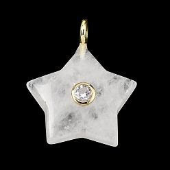 Хрусталь Природного кварца хрустальных подвесок, Подвески в виде звезд из горного хрусталя с фурнитурой из кубического циркония из латуни., золотые, 35.5~37x29.5~31.5x8.5~10.5 мм, отверстие : 4 мм