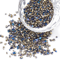 Bleu Bleuet Plaqué perles de rocaille de verre, pour nail art accessoires de décoration, pas de trous / non percés, puce, bleuet, 1.5~5x1.5~2x1.5~2 mm, sur 450 g / sac