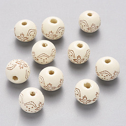 Creamy White Painted Natural Wood Beads, Laser Engraved Pattern, Round with Flower Pattern, Creamy White, 10x9mm, Hole: 3mm
