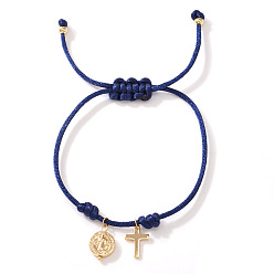 Blue Adjustable Brass Religion Cross Virgin Charm Nylon Cord Braided Bracelets, Golden, Blue, 11.02 inch(28cm)