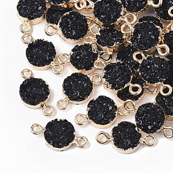 Black Druzy Resin Links connectors, with Edge Light Gold Plated Iron Loops, Flat Round, Black, 18~19x10x4mm, Hole: 1.8mm