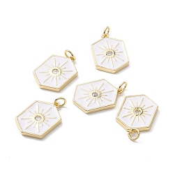 Белый Латунные микропаве прозрачные подвески с фианитом, с эмалью и кольцом для прыжков, реальный 18 k позолоченный, без свинца, без кадмии и без никеля, шестиугольник, белые, 22.5x15x2 мм, отверстие : 3.5 мм