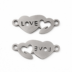 Stainless Steel Color Tarnish Resistant 201 Stainless Steel Connector Charms, Double Heart Links with Love, Stainless Steel Color, 7.5x18x1mm, Hole: 1.4mm