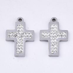 Stainless Steel Color 201 Stainless Steel Pendants, with Polymer Clay Crystal Rhinestone, for Religion, Cross, Stainless Steel Color, 19x13x2~3mm, Hole: 1.6mm