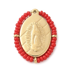 Красный 304 прелести нержавеющей стали, овальные с Иисусом, со стеклянными бисеринами, реальный 14 k позолоченный, красные, 25.5x19x2.5 мм, отверстие : 1.2 мм