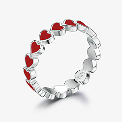 Красный Платиновое родиевое покрытие 925 серебряные кольца на палец в форме сердца, с эмалью, красные, внутренний диаметр: 16 мм