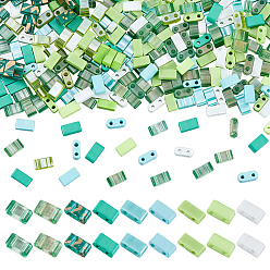 Green 300Pcs 10 Colors 2-Hole Baking Paint Glass Seed Beads, Rectangle, Green, 5x2.5x2mm, Hole: 0.8mm, 30pcs/color