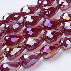 Dark Red Electroplate Glass Beads Strands, AB Color Plated, Faceted Teardrop, Dark Red, 15x10mm, Hole: 1mm, 50pcs/strand, 27.1 inch