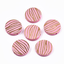 Pink Расписные бусы из натурального дерева, лазерная гравировка, плоский круглый с зеброй, розовые, 20x5 мм, отверстие : 1.5 мм