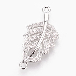 Platino Micro latón allanan enlaces de circonio cúbico, sin plomo, cadmio, níquel, larga duración plateado, hoja, Claro, Platino, 26x12.5x2.5 mm, agujero: 1.2 mm
