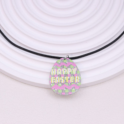 Egg Красочный кулон в клетку из акрила с рисунком «Счастливой Пасхи» на черном вощеном шнурке для женщин, яйцо, 17.72 дюйм (45 см), Кулон : 51x31 мм