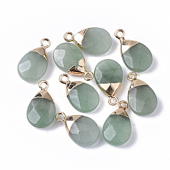 Aventurine Natural Green Aventurine Pendants, with Top Golden Plated Iron Loops, Teardrop, Faceted, 17~19x10x5mm, Hole: 1.8mm