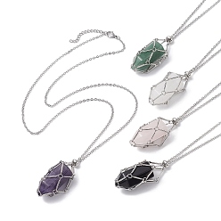 Stainless Steel Color Bullet Natural Mixed Gemstone Pendant Necklaces, with Stainless Steel Chains, Stainless Steel Color, 23.62 inch(60cm)