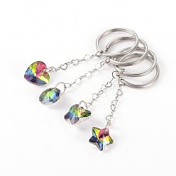 Mixed Color Stainless Steel Keychain, with Mixed Shapes Glass Pendant, Mixed Color, 72~73mm