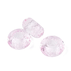 Perlas de Color Rosa Granos europeos de cristal transparente, Rondana plana, abalorios de grande agujero, facetado (128 facetas), rosa perla, 14x7.5 mm, agujero: 5.5~6 mm