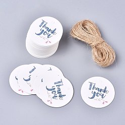 Flower Thank You Paper Gift Tags, Hang Tags, with Jute Twine, for Wedding/Thanksgiving, Flat Round, Floral Pattern, 4x0.05mm, Hole: 3mm, 50pcs/set
