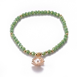 Hellgrün Facettierten Glasperlen Stretch-Armbänder, Charme Armbänder, mit Messing-Perlen, Perlenperlen aus Kunststoffimitat und Charms aus Aluminium, Schalenform, hellgrün, Innendurchmesser: 2-1/4 Zoll (5.7 cm)