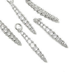 Real Platinum Plated SHEGRACE Brass Micro Pave Cubic Zirconia Pendants, Cadmium Free & Nickel Free & Lead Free, Clear, Real Platinum Plated, 28.5x4x3mm, Hole: 3.2mm