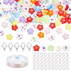 Gemischte Farbe 400 Stück Blume mit Buchstaben-Acrylperlen, Zink Legierung Karabinerverschlüsse Karabinerverschluss, elastischer Kristallfaden und eiserne Sprungringe, für DIY-Anhänger/Armbänder Schmucksets, Gemischte Farbe, 6~12x11x4~5 mm, Bohrung: 1.5~2 mm