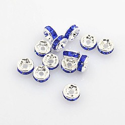 Sapphire Brass Grade A Rhinestone Spacer Beads, Silver Color Plated, Nickel Free, Sapphire, 5x2.5mm, Hole: 1mm
